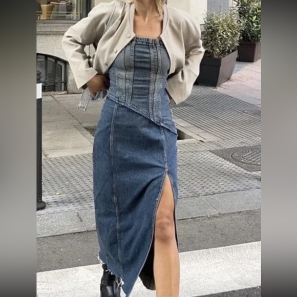 Zara BLOGGERS FAVORITE Jean Strapless Maxi Dress Size S With Tags - Picture 1 of 5